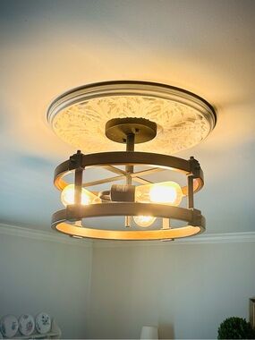 Barrington Semi-Flush Ceiling Fixture in Distressed Black and Aged Faux Wood